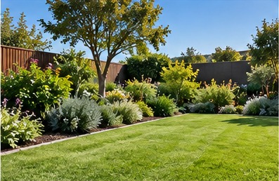 A broad, freshly mown lawn framed by deep borders of shrubs, silver foliage and flowering plants