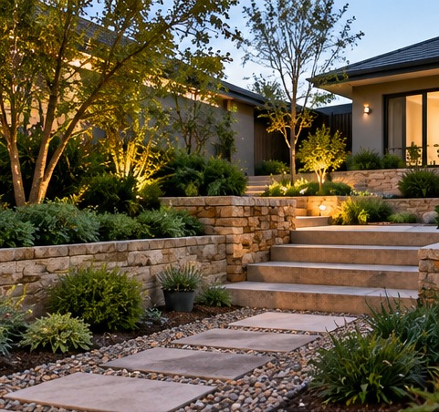 Wide stone steps rising through planted terraces, with stepping stones set in gravel and trees lit at dusk