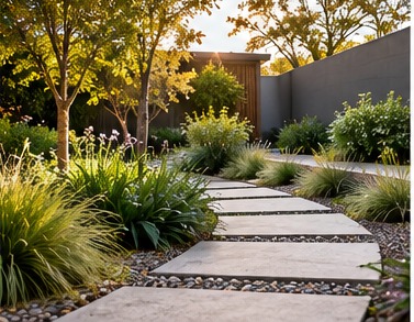 Large stepping stones set in gravel, lined with ornamental grasses and trees in low evening light
