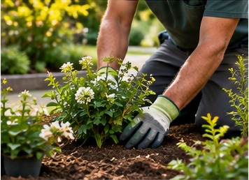 Gloved hands firming soil around a newly planted flowering shrub in a freshly prepared bed