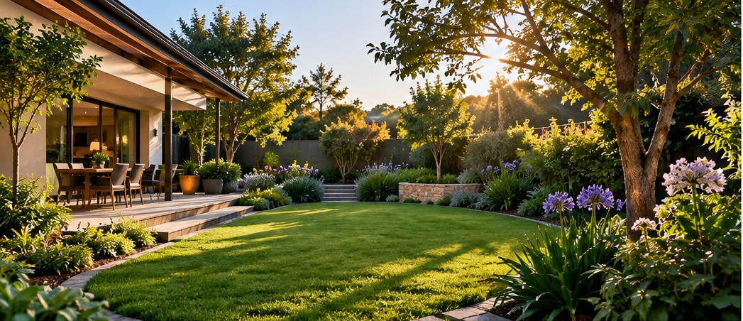 A sunlit lawn edged by layered planting beds with purple agapanthus, young trees and a covered patio beside the house