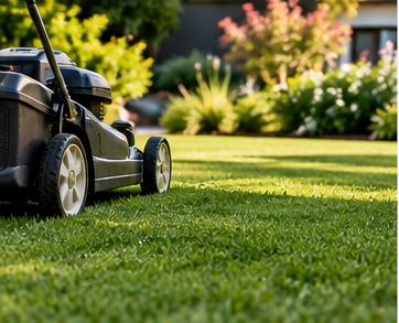 A lawnmower on freshly cut, striped lawn in front of flowering shrubs