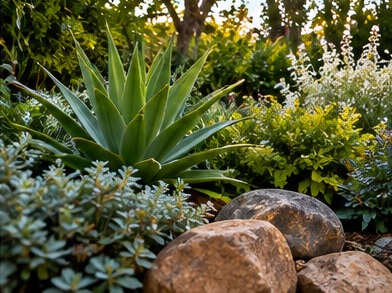 Spiky sculptural foliage, silver groundcover and natural boulders in a planted bed