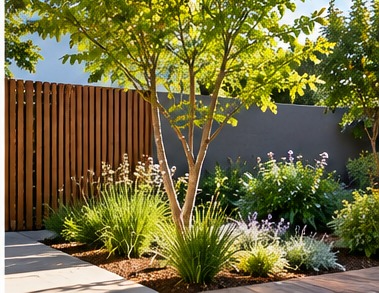 A slender feature tree underplanted with ornamental grasses and flowering perennials against a timber fence